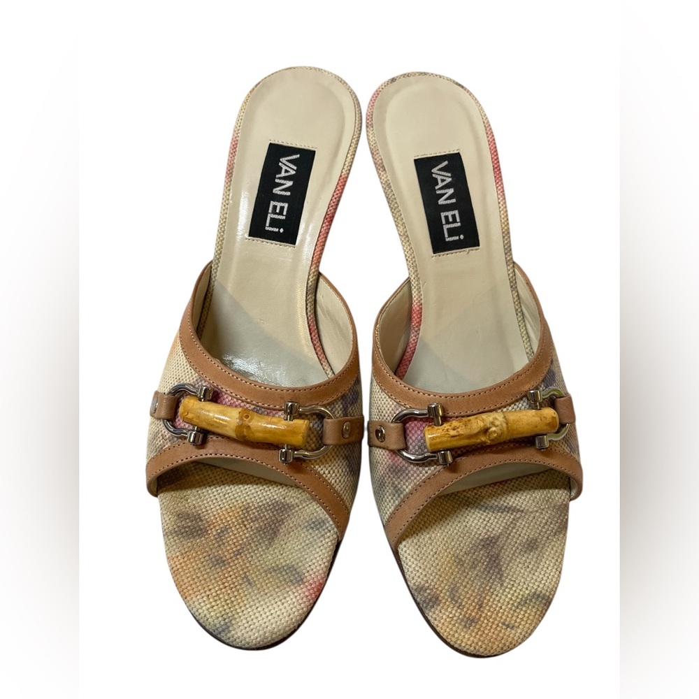 VANELI Tan/Beige Floral Canvas/Leather Slides Mules Heels Shoes - Size 8.5 Slim - Picture 4 of 16